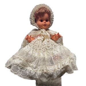 Vintage Baby Doll In White Lace Christening Gown & Bonnet